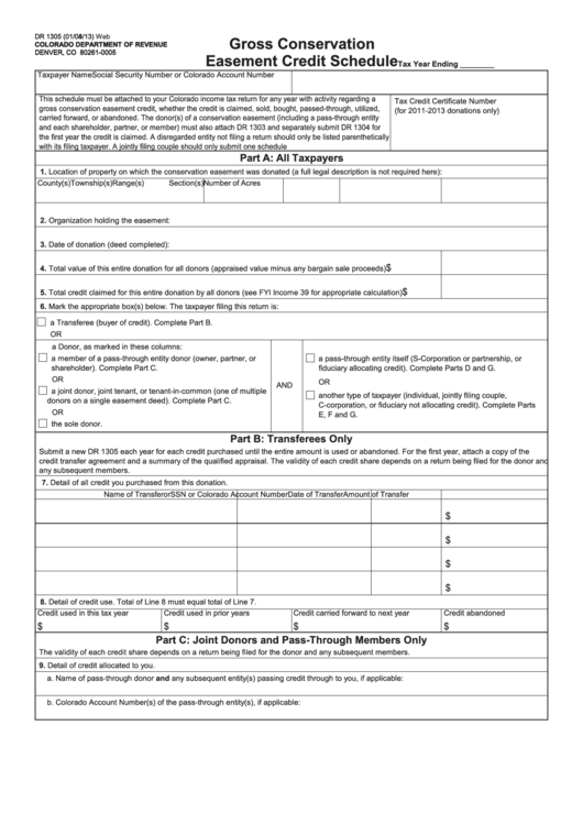 Form Dr 1305 - Gross Conservation Easement Credit Schedule Printable pdf