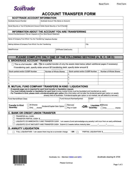 Fillable Account Transfer Form - Scottrade Printable pdf