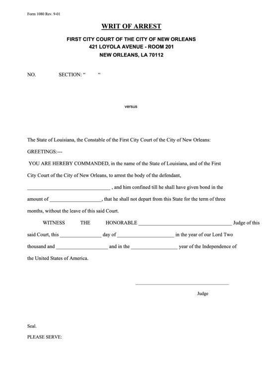 Fillable Form 1080 - Writ Of Arrest Printable pdf