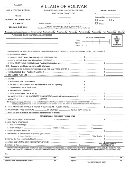 Form Ret - Business/individual Income Tax Return - Village Of Bolivar Printable pdf