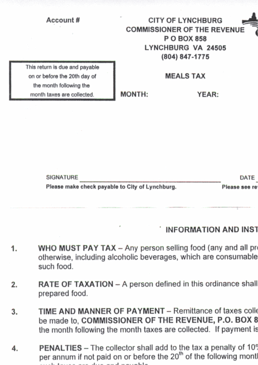 Meals Tax Form - City Of Lynchburg - Virginia Department Of Revenue Printable pdf