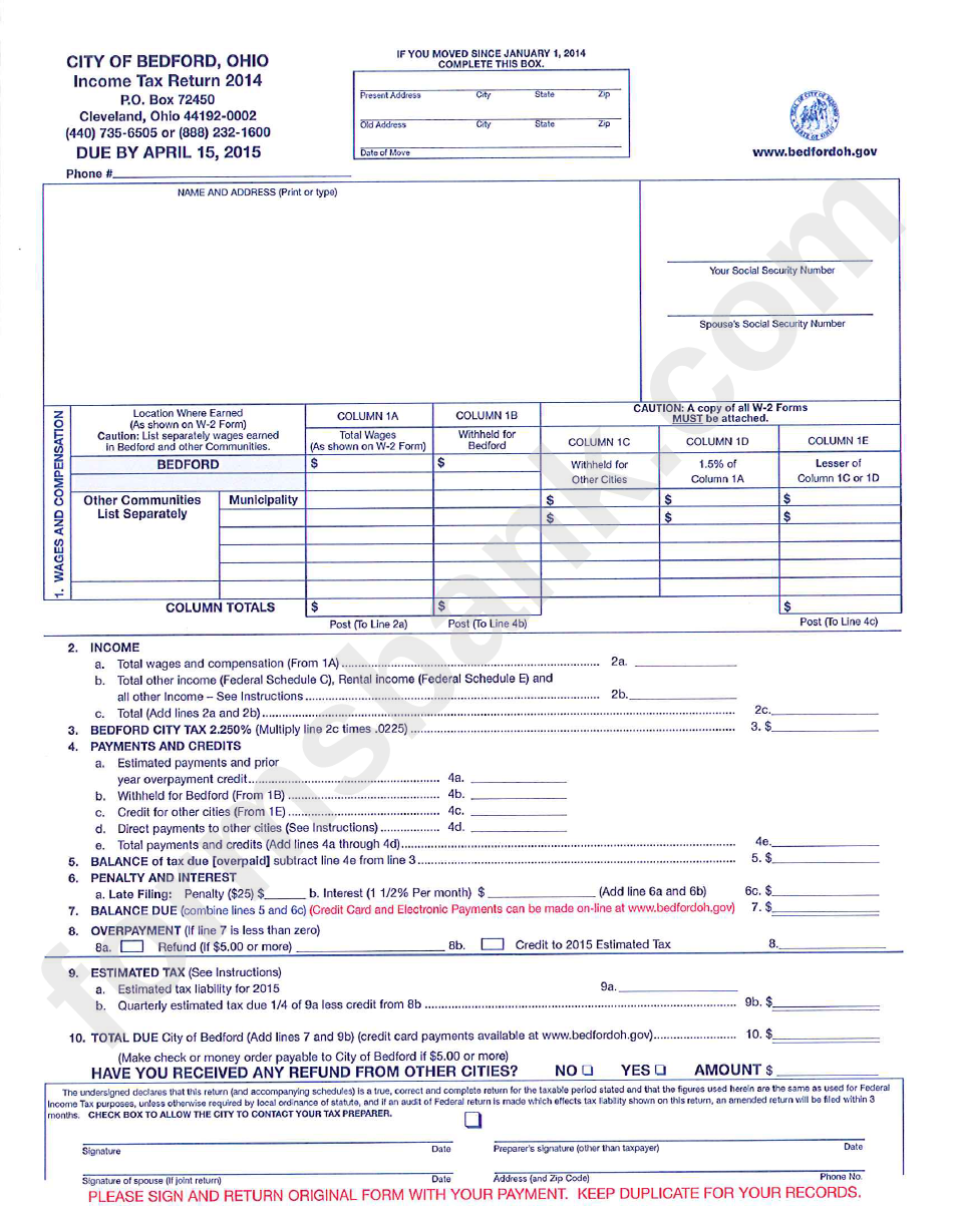 Income Tax Return - City Of Bedford, 2014