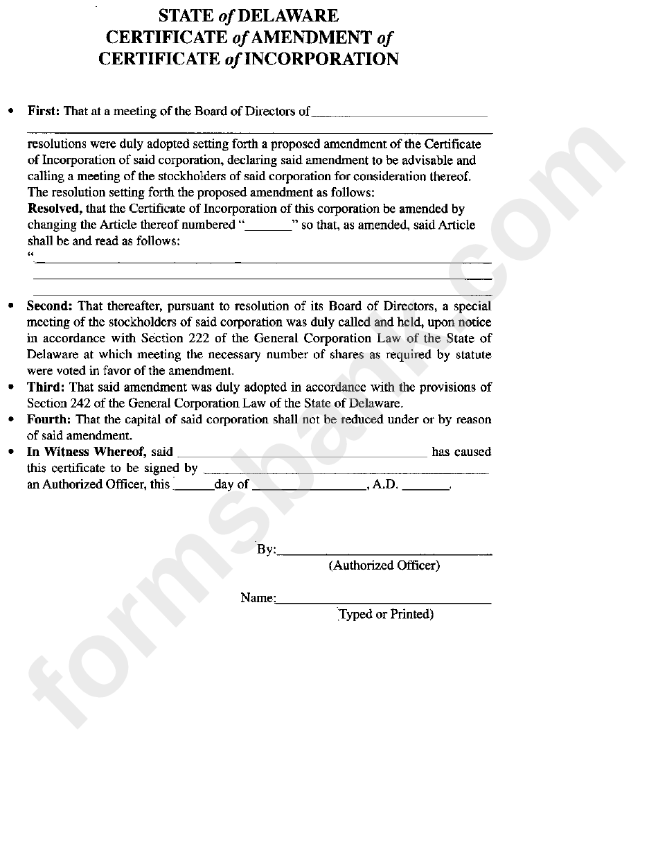 Delaware Certificate Of Amendment Of Certificate Of Incorporation