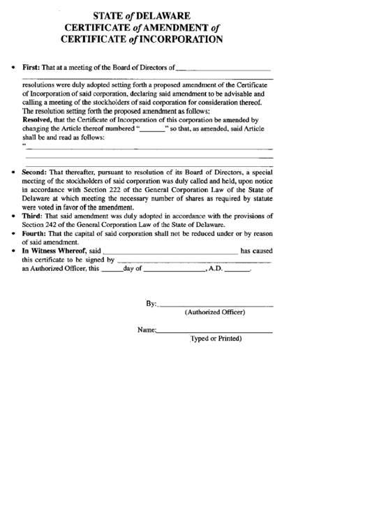 Delaware Certificate Of Amendment Of Certificate Of Incorporation Printable pdf