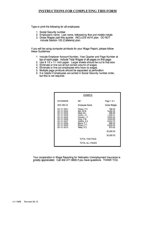 Form Ui-11wb Instructions - Nebraska Unemployment Ensurance Printable pdf