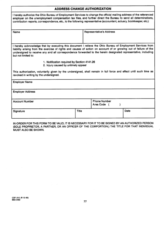 Form Cdf-310 - Address Change Authorization - Ohio Bureau Of Employment Services Printable pdf
