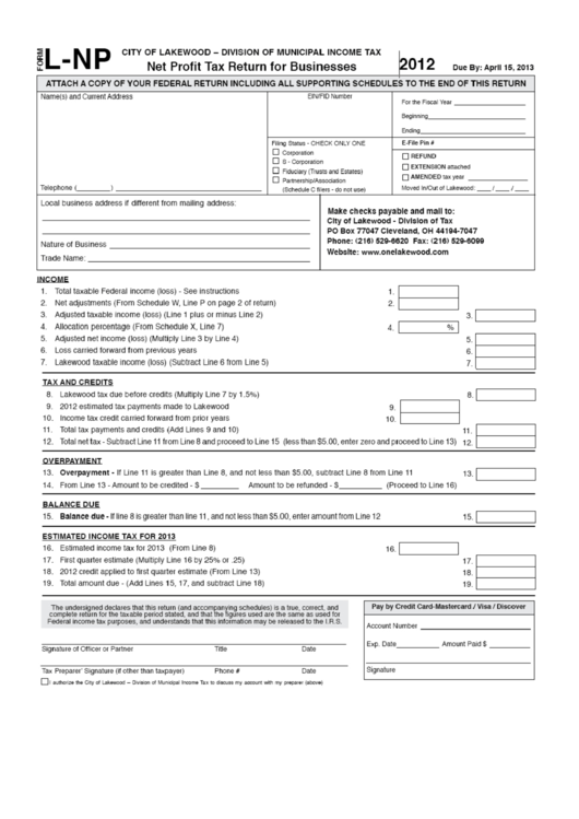 Form LNp Net Profit Tax Return For Business City Of Lakewood