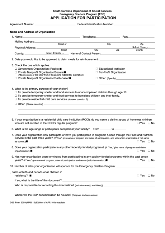 Fillable Dss Form 3359 - Application For Participation Printable pdf