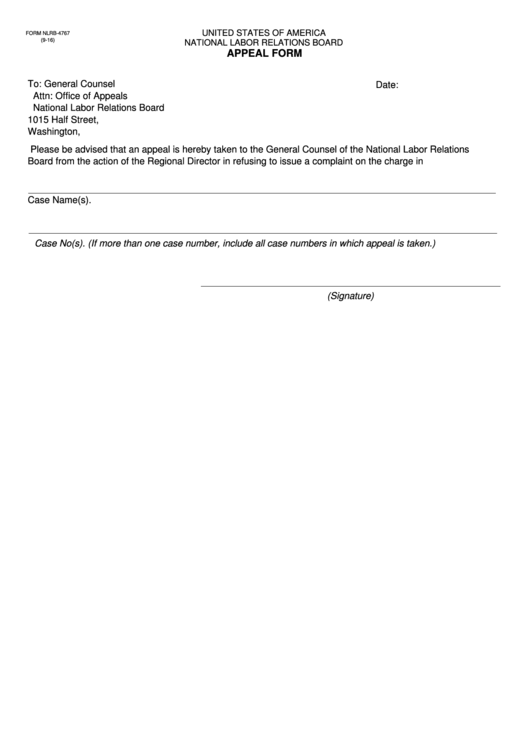 Form Nlrb-4767 - Appeal Form - National Labor Relations Board