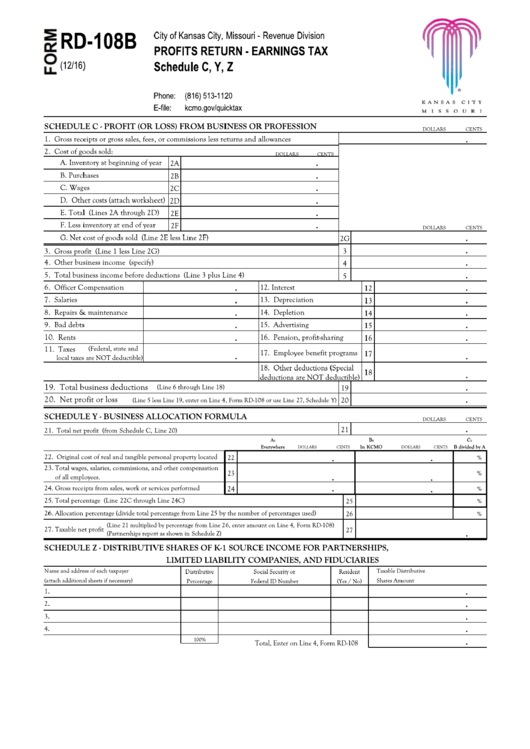 Fillable Form Rd-108b - Profits Return - Earnings Tax Schedule C, Y, Z Printable pdf