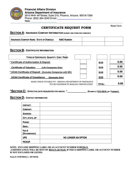 Fillable Form E-Certreq - Certificate Request Form Printable pdf