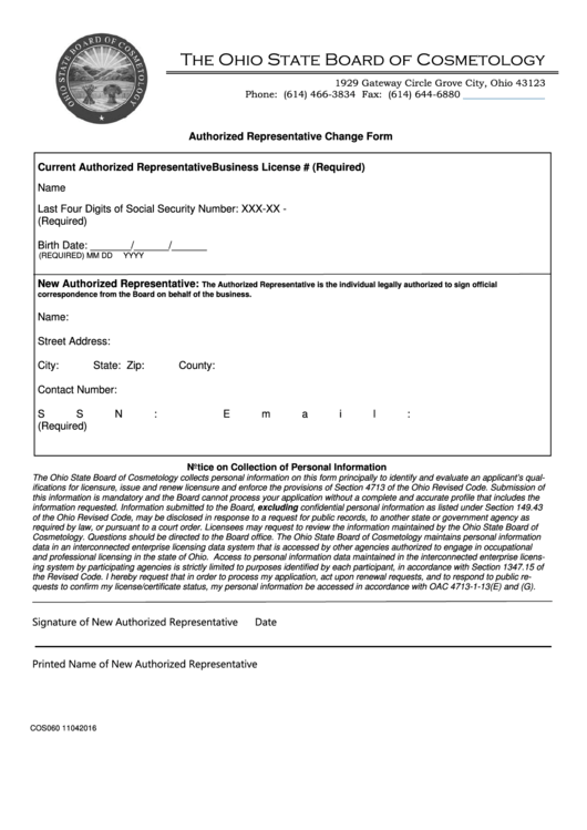 Fillable Authorized Representative Change Form Printable pdf
