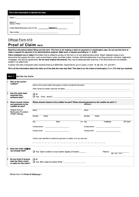 Fillable Official Form 410 - Proof Of Claim Printable pdf