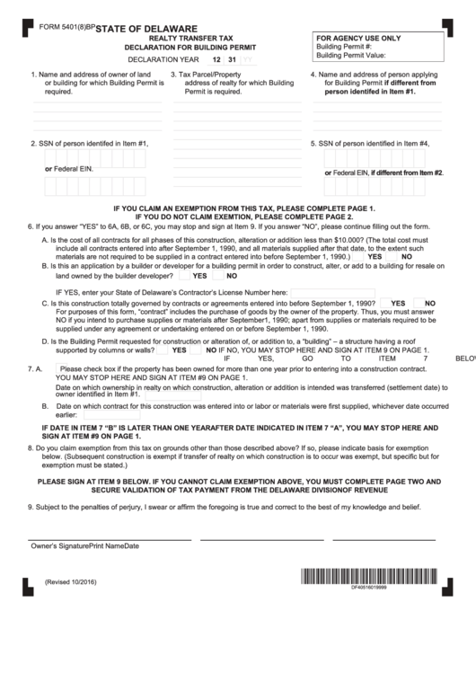 Form 5401(8)bp - Declaration For Building Permit