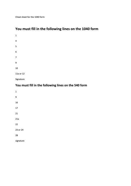 Cheat Sheet For The 1040 Form Printable pdf
