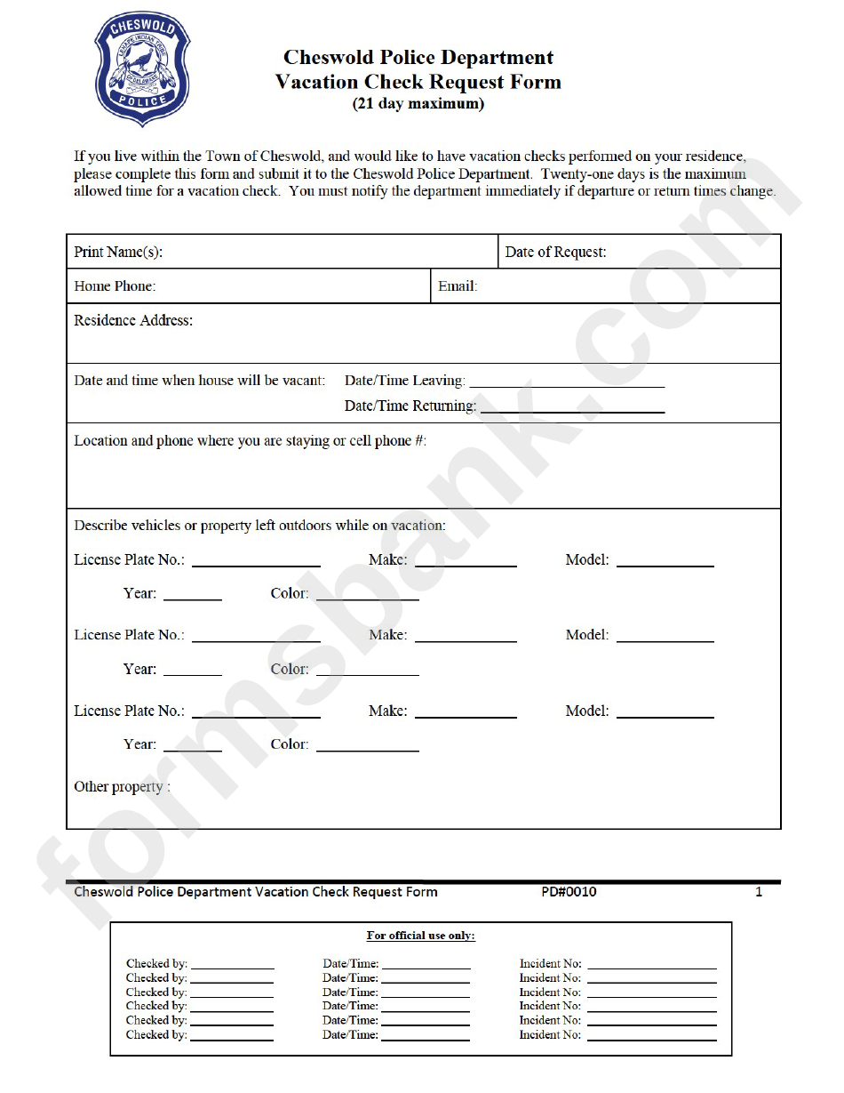 Vacation Check Request Form - Cheswold Police Department
