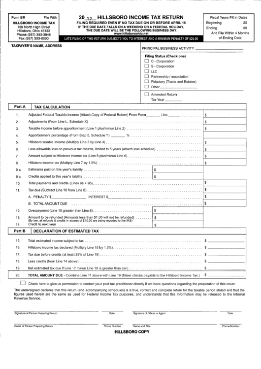 Form Br - Hillsboro Income Tax Return - 2012 Printable pdf