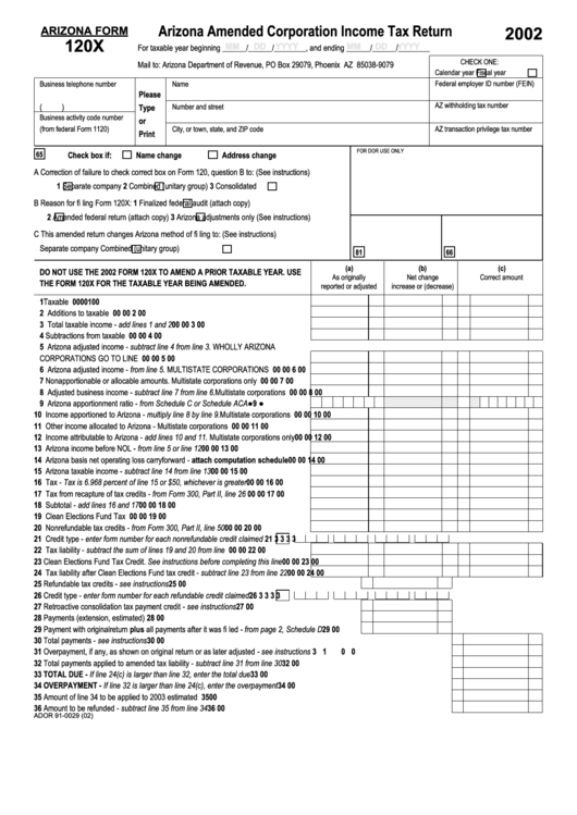 Form 120x - Arizona Amended Corporation Income Tax Return - 2002 Printable pdf