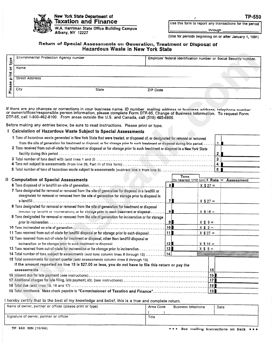 Form Tp-550 - Return Of Special Assassments On Generation, Treatment Or Disposal Of Hazardous Waste In New York State