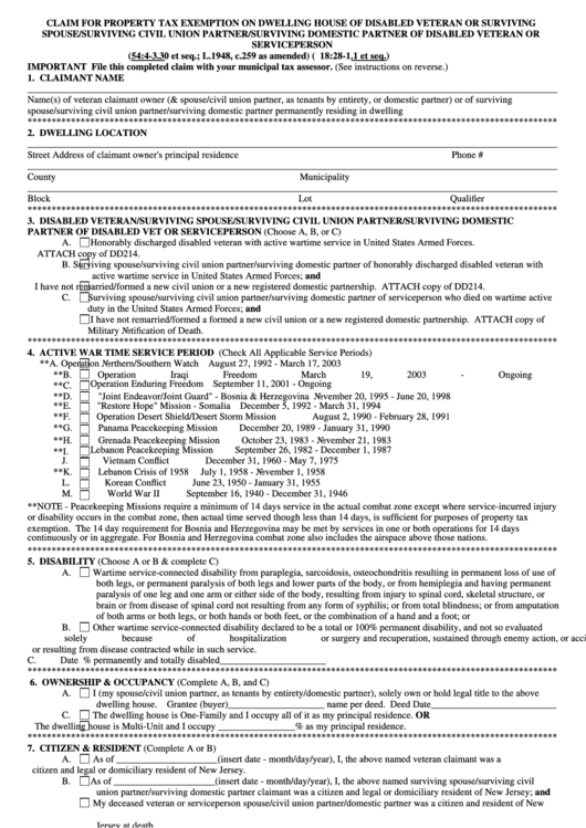 Fillable Form D.v.s.s.e - Claim For Property Tax Exemption On Dwelling House Of Disabled Veteran Or Surviving Spouse Printable pdf
