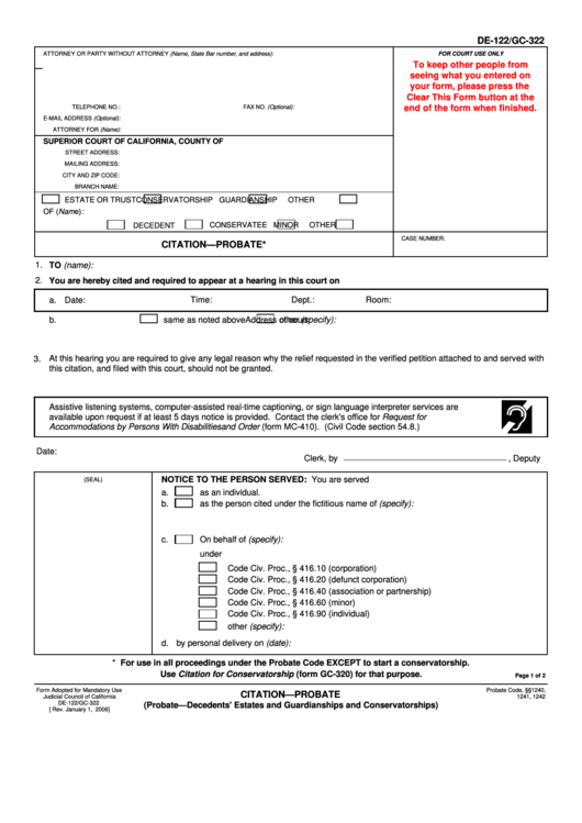 Fillable Form De-122/gc-322 - Citation - Probate Printable pdf