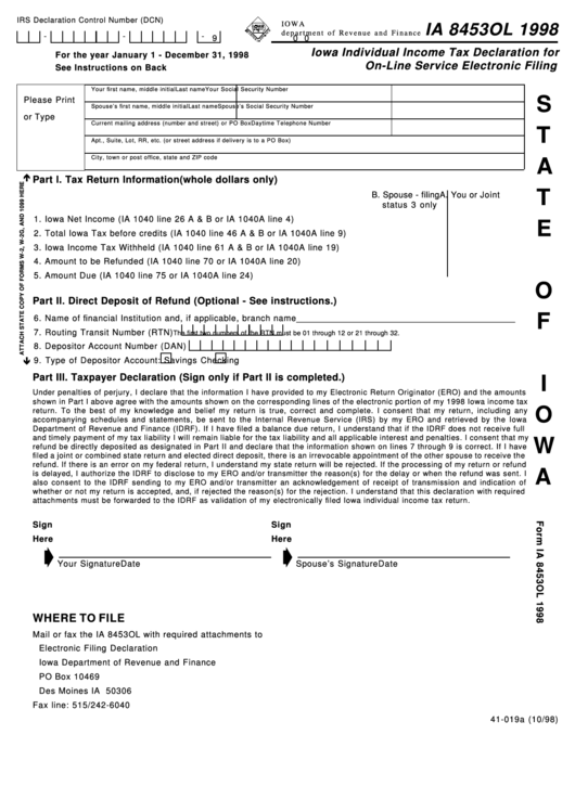 Fillable Form Ia 8453ol - Iowa Individual Income Tax Declaration For On-Line Service Electronic Filing - 1998 Printable pdf
