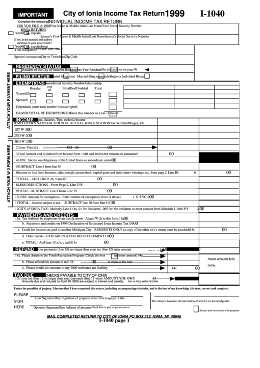 Form I-1040 - City Of Ionia Income Tax Return - 1999 Printable pdf