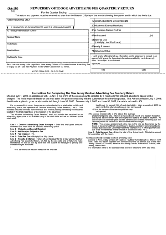 Fillable Form Oa-100 - New Jersey Outdoor Advertising Fee Quarterly Return - 2006 Printable pdf