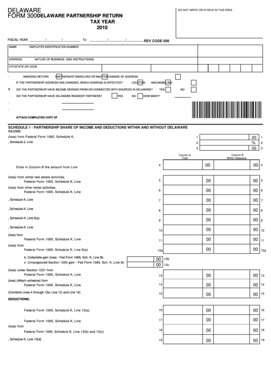 Fillable Delaware Form 300 - Delaware Partnership Return - 2010 Printable pdf