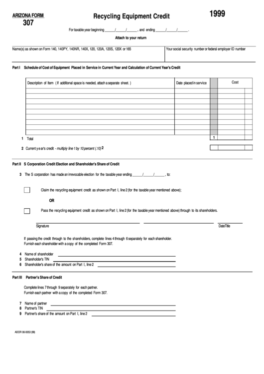 Form 307 - Recycling Equipment Credit - 1999 Printable pdf