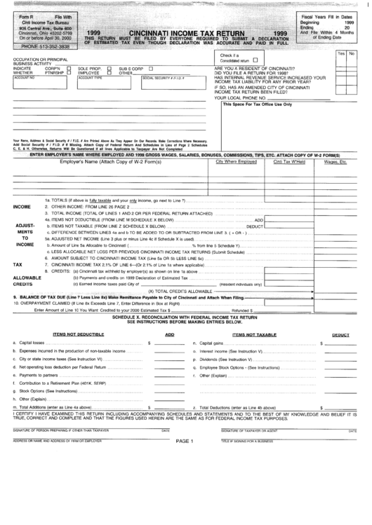 Form R - Cincinnati Income Tax Return - 1999 Printable pdf