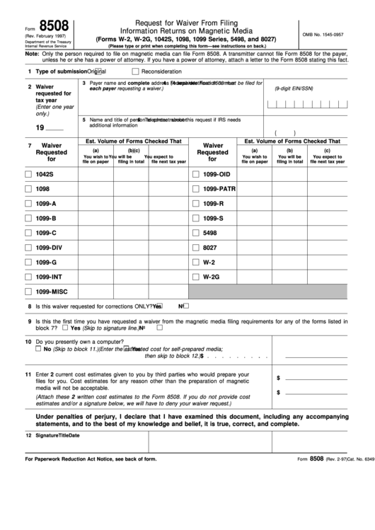Fillable Form 8508 - Request For Waiver From Filing Information Returns On Magnetic Media Printable pdf