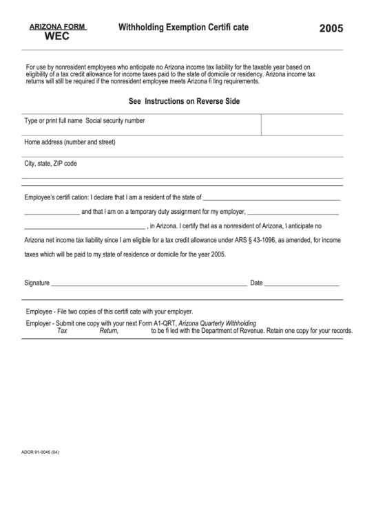 Fillable Form Wec - Withholding Exemption Certificate - 2005 Printable pdf