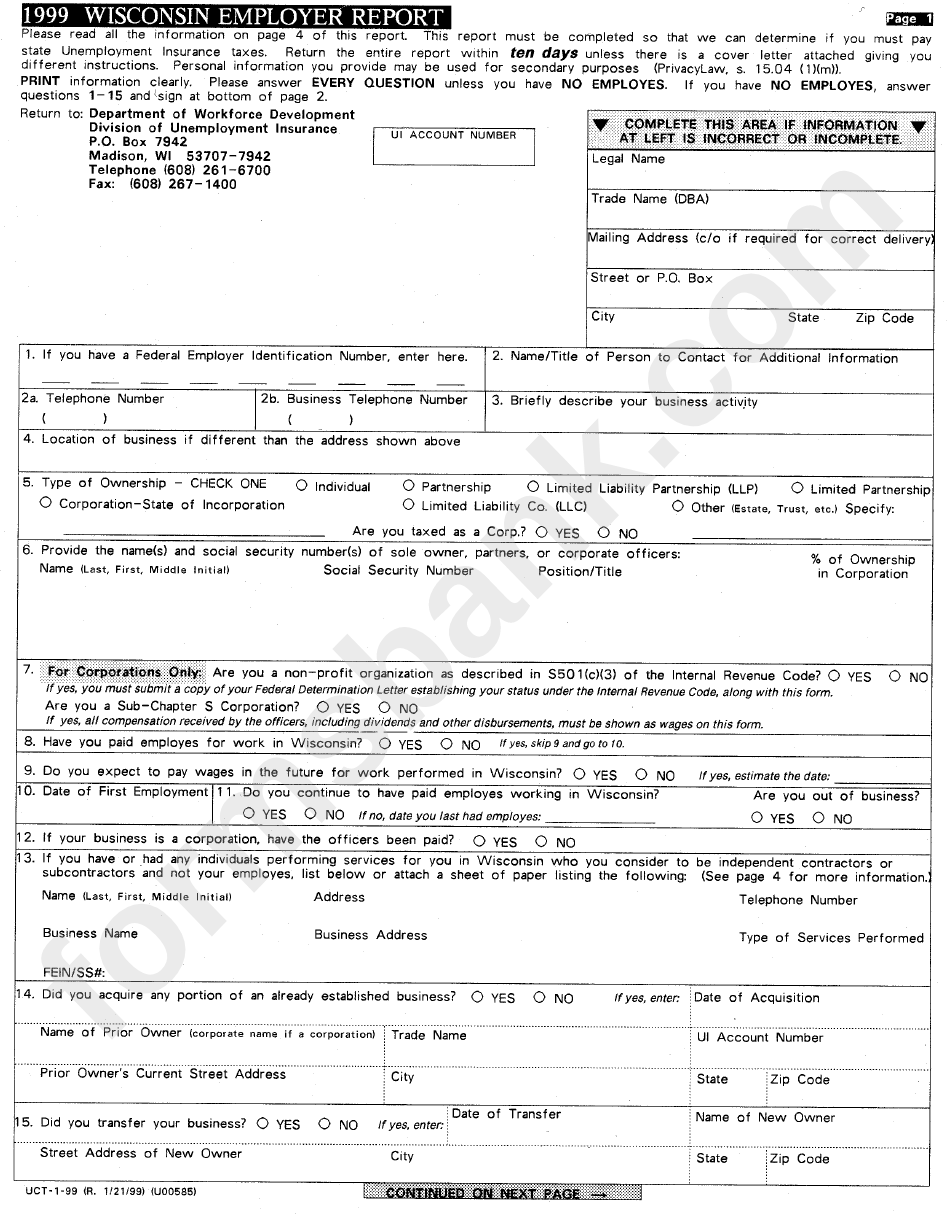 Form Uct-1-99 - Wisconsin Employer Report - 1999