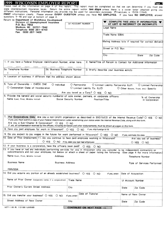 Form Uct-1-99 - Wisconsin Employer Report - 1999 Printable pdf