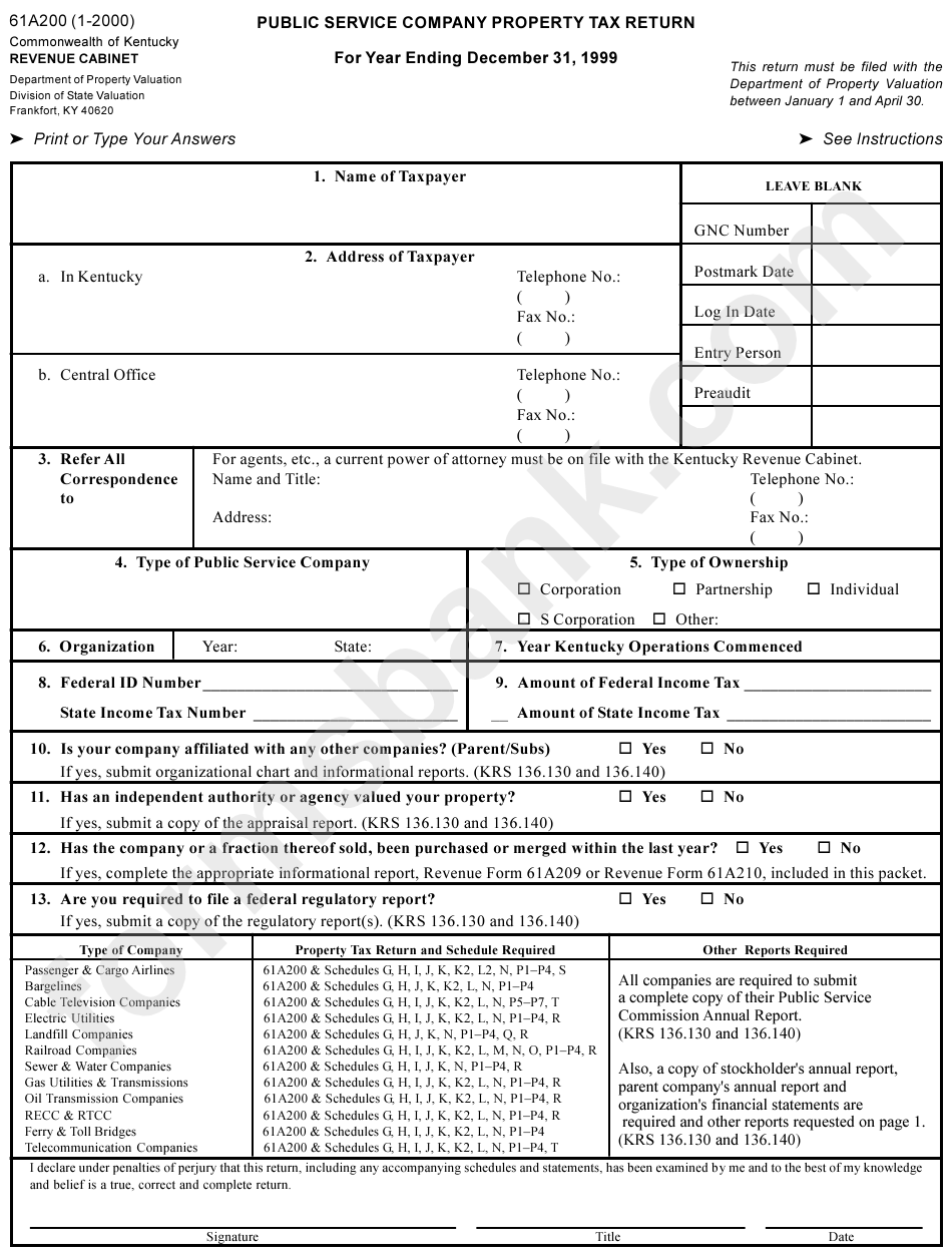 Form 61a200 - Public Service Company Property Tax Return - 1999