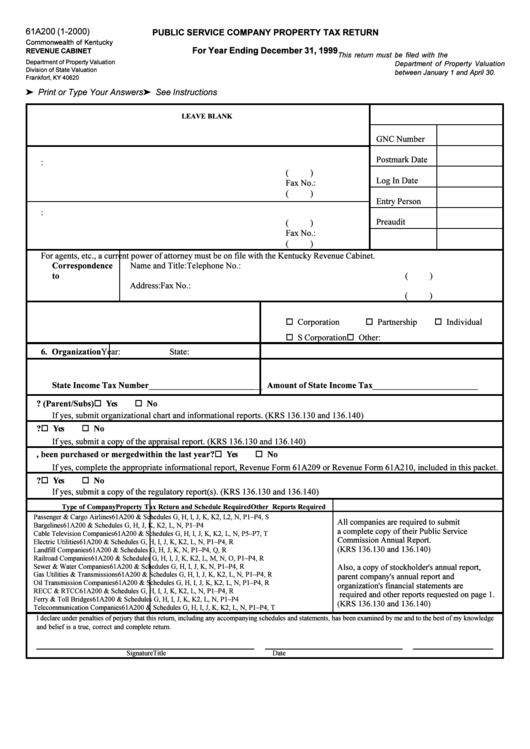 Form 61a200 - Public Service Company Property Tax Return - 1999 Printable pdf