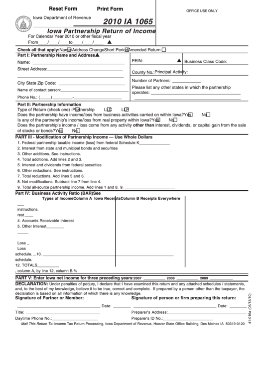 Fillable Form Ia 1065 - Iowa Partnership Return Of Income - 2010 Printable pdf