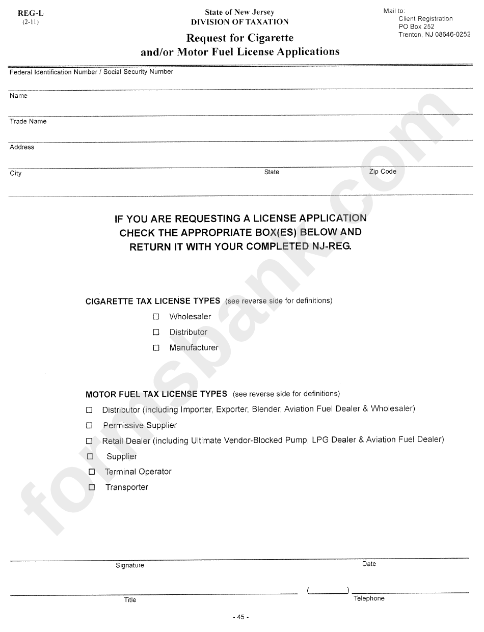 Form Reg-L - Request For Cigarette And/or Motor Fuel License Applications