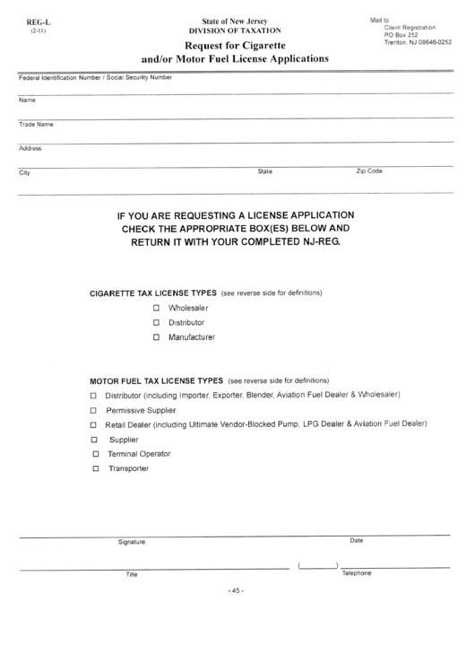 Form Reg-L - Request For Cigarette And/or Motor Fuel License Applications Printable pdf