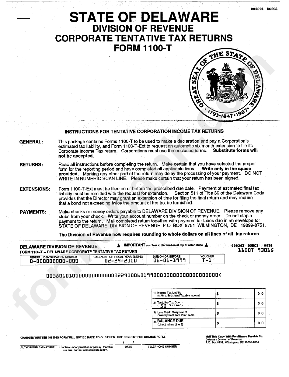 Form 1100-T - Delaware Corporate Tentative Tax Return
