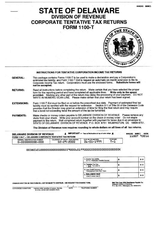 Form 1100-T - Delaware Corporate Tentative Tax Return Printable pdf
