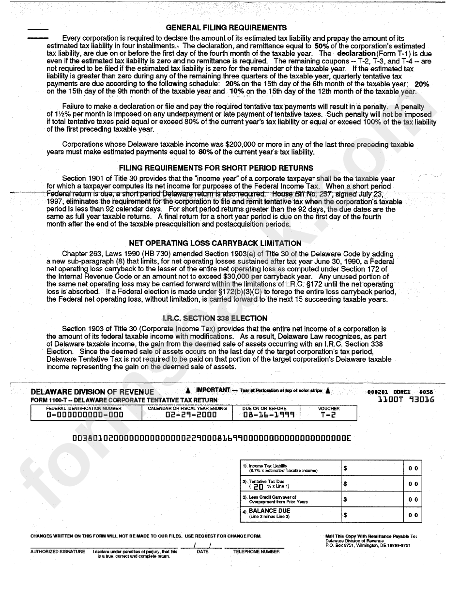 Form 1100-T - Delaware Corporate Tentative Tax Return