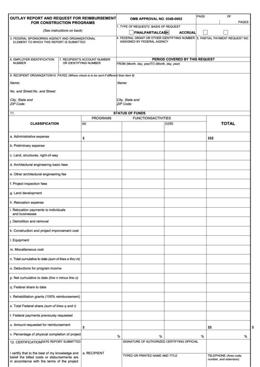Form 271 - Outlay Report And Request For Reimbursement For Construction Programs Printable pdf