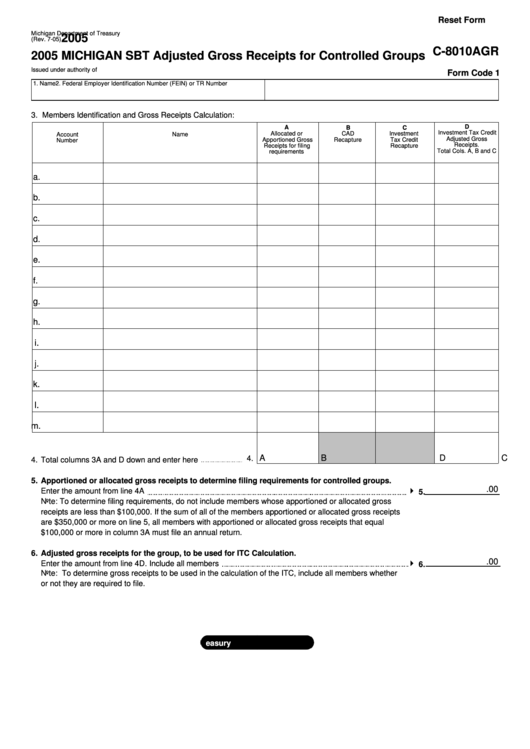 Fillable Form C-8010agr - Michigan Sbt Adjusted Gross Receipts For Controlled Groups - 2005 Printable pdf