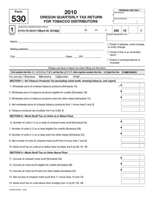 Fillable Form 530 - Oregon Quarterly Tax Return For Tobacco Distributors - 2010 Printable pdf