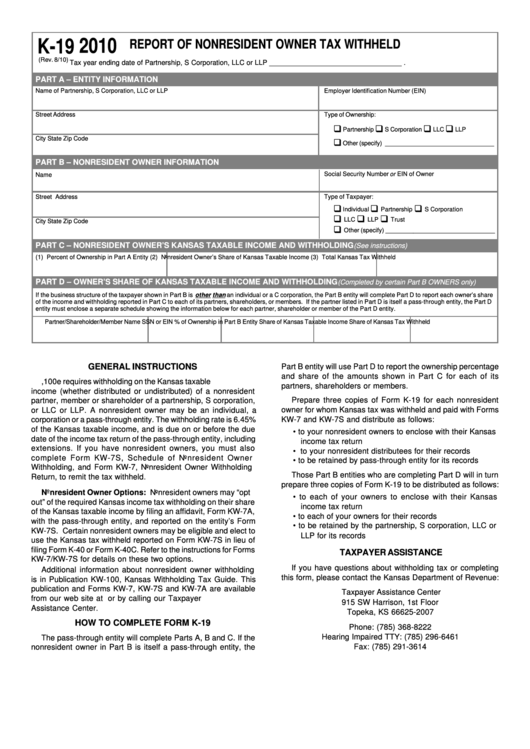 Form K-19 - Report Of Nonresident Owner Tax Withheld - 2010 Printable pdf