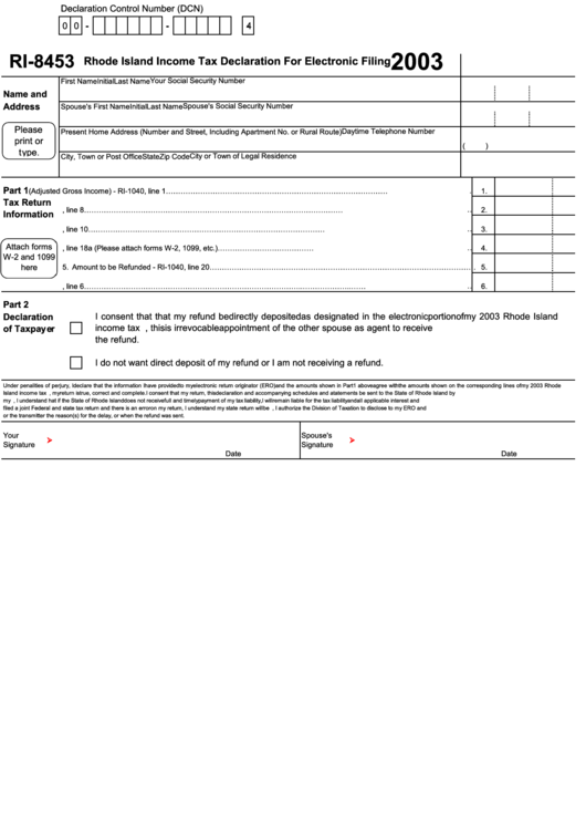 Form Ri-8453 - Rhode Island Income Tax Declaration For Electronic Filing - 2003 Printable pdf