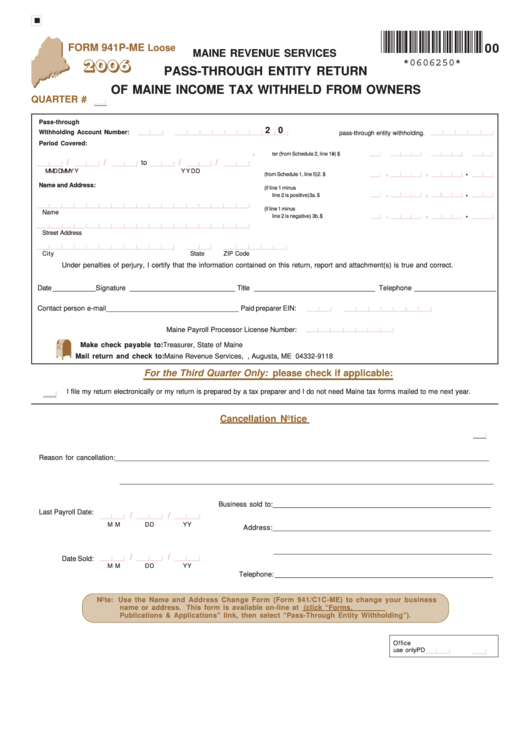 Form 941p-Me Loose - Pass-Through Entity Return Of Maine Income Tax Withheld From Owners - 2006 Printable pdf