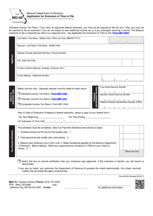 Fillable Form Mo-60 - Application For Extension Of Time To File - 2017 Printable pdf